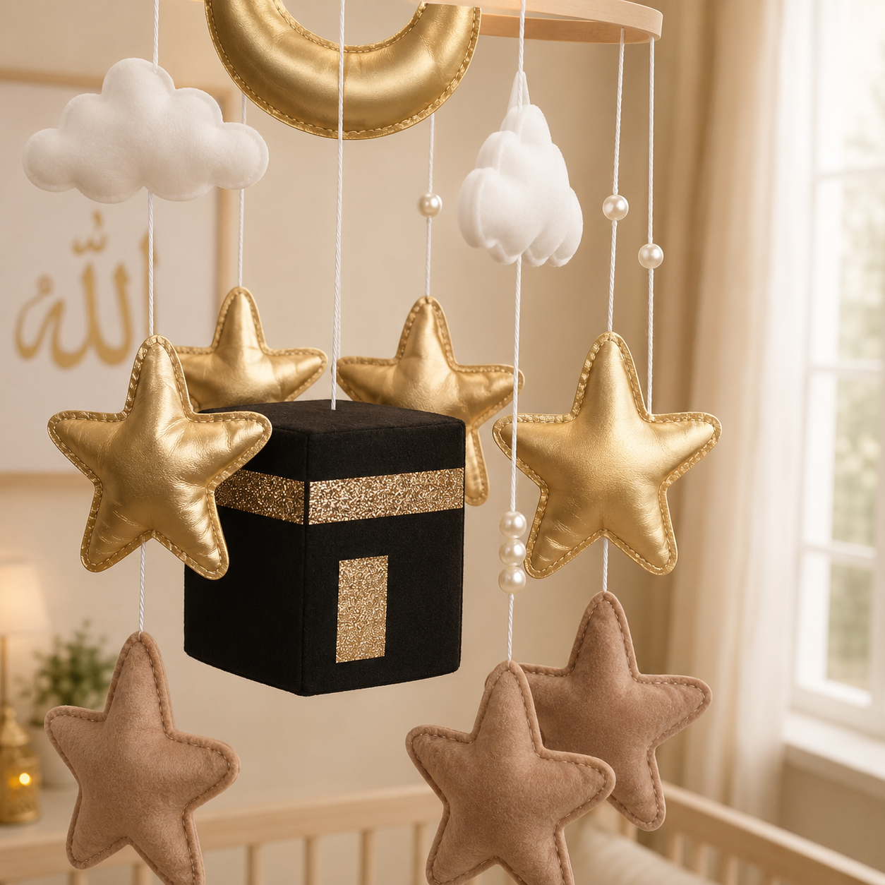 The Premium Noor Moon Quran Reciting Cot Mobile - gold & beige METALLIC
