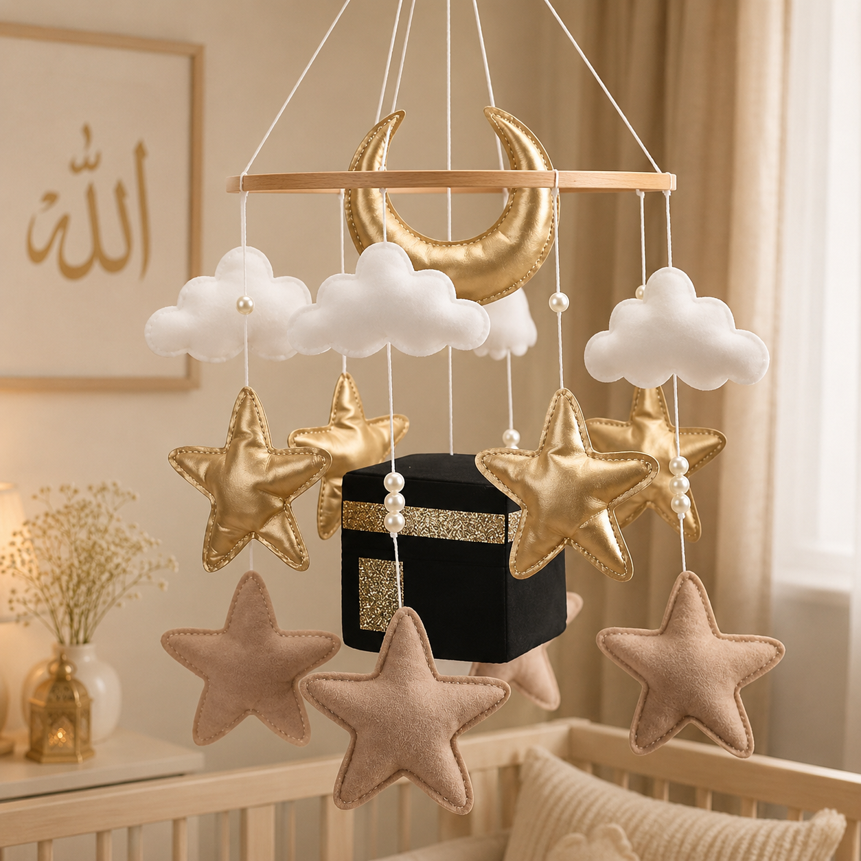The Premium Noor Moon Quran Reciting Cot Mobile - gold & beige METALLIC